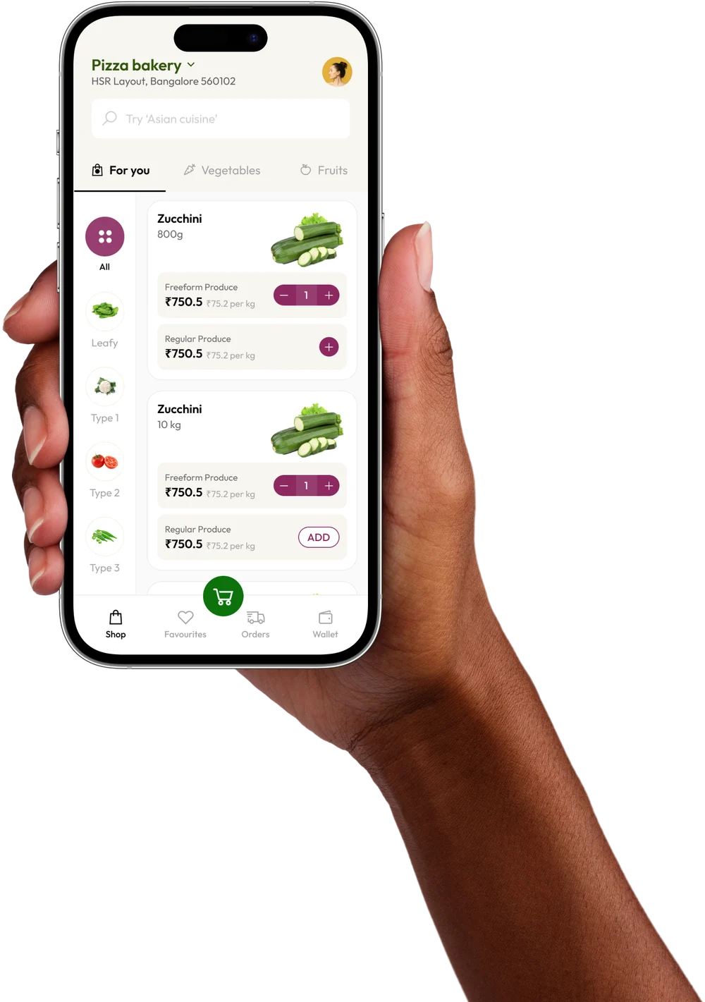 Farmtheory ordering app showing the day's catalogue, prices and add-to-order buttons